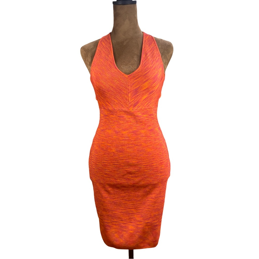 GUESS Tangerine & Fuchsia Bodycon Mini Dress Open Back Crisscross V-Neck Size M